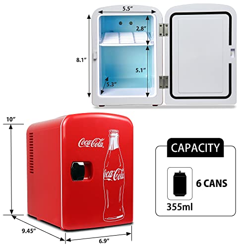 Coca Cola (Classic) 4 Liter/6 Can Portable Fridge/Mini Cooler for Food, Beverages, Skincare -Use at Home, Office, Dorm, Car, Boat-AC & DC Plugs Included, Red
