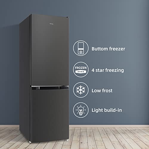 CHiQ FBM157L4EU, 157L, 70/30 Freestanding Fridge Freezer, Low Frost, E, 39 dB, Reversible Door, Stainless Steel, Compact Size 48cm Wide 144cm Tall, Black