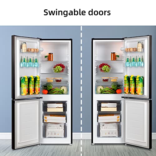 CHiQ FBM157L4EU, 157L, 70/30 Freestanding Fridge Freezer, Low Frost, E, 39 dB, Reversible Door, Stainless Steel, Compact Size 48cm Wide 144cm Tall, Black