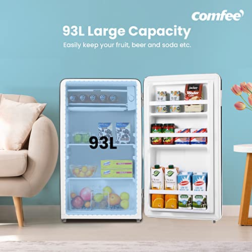 COMFEE' RCD93BL1RT(E) Under Counter Fridge Only, 93L Retro Freestanding Fridge with Chiller Box, Adjustable Thermostats, Self-closing Door, Black