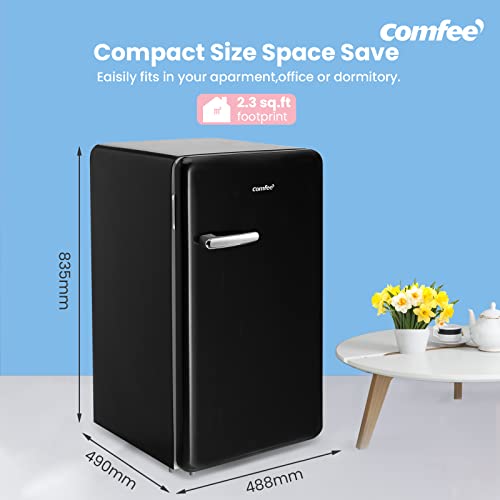 COMFEE' RCD93BL1RT(E) Under Counter Fridge Only, 93L Retro Freestanding Fridge with Chiller Box, Adjustable Thermostats, Self-closing Door, Black