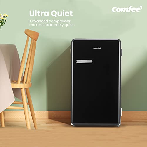 COMFEE' RCD93BL1RT(E) Under Counter Fridge Only, 93L Retro Freestanding Fridge with Chiller Box, Adjustable Thermostats, Self-closing Door, Black