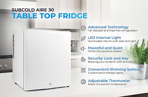 Subcold Aire30 LED Mini Fridge | 30L Table Top Model | Quiet Frost Free Fridge for Bedrooms & Hotels | Lockable with Solid door & interior LED light (White)