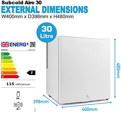Subcold Aire30 LED Mini Fridge | 30L Table Top Model | Quiet Frost Free Fridge for Bedrooms & Hotels | Lockable with Solid door & interior LED light (White)