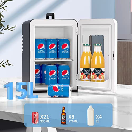Mini Fridge 15 Liter/21 Cans, Upgrade 2023 Portable AC+DC Power Small Fridge for Bedroom, Car, Office, Thermoelectric Cooler and Warmer Skincare Fridge for Food, Drinks, Cosmetics, Max & ECO Mode