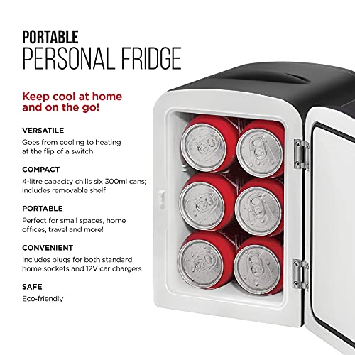 Chefman Black Portable Mini Fridge, Cools & Heats, Lightweight Skincare Fridge With 4 Litre Storage for Snacks & Up To 6 x 350-ml Cans