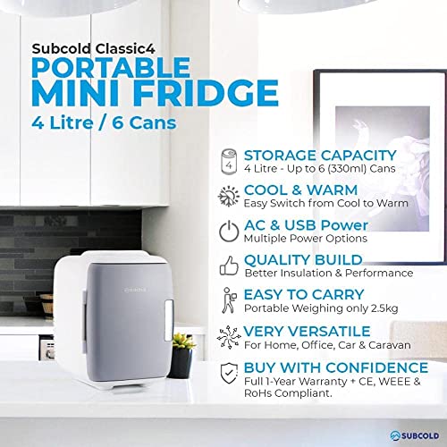 Subcold Classic4 Mini Fridge - Cooler & Warmer | 4 Litre/6 Cans | AC+USB | Portable Small Fridge for Skincare, Bedroom, Dorm, Car, Caravan (White/Grey)