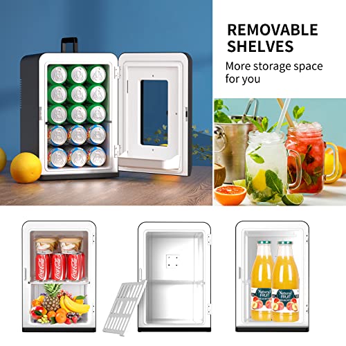 Mini Fridge 15 Liter/21 Cans, Upgrade 2023 Portable AC+DC Power Small Fridge for Bedroom, Car, Office, Thermoelectric Cooler and Warmer Skincare Fridge for Food, Drinks, Cosmetics, Max & ECO Mode
