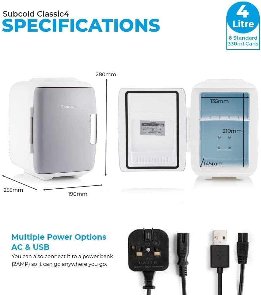 Subcold Classic4 Mini Fridge - Cooler & Warmer | 4 Litre/6 Cans | AC+USB | Portable Small Fridge for Skincare, Bedroom, Dorm, Car, Caravan (White/Grey)