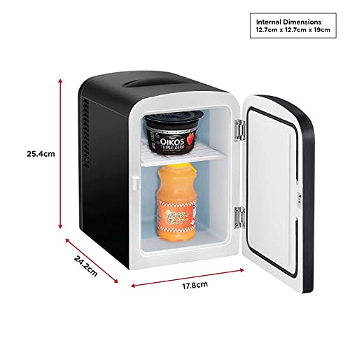 Chefman Black Portable Mini Fridge, Cools & Heats, Lightweight Skincare Fridge With 4 Litre Storage for Snacks & Up To 6 x 350-ml Cans