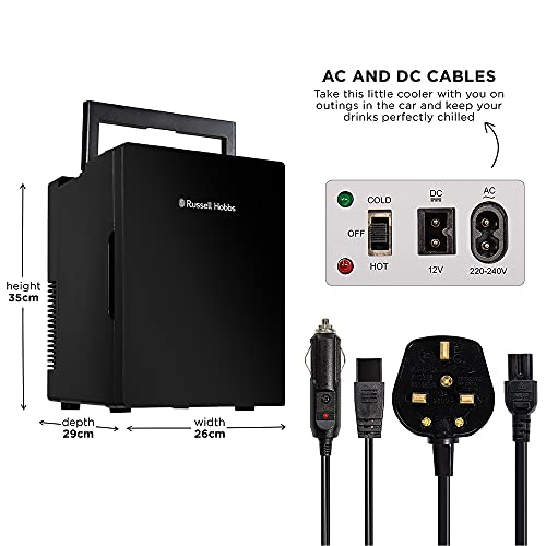 Russell Hobbs Black Mini Fridge RH8CLR8001B 8 Litre/10 Can Portable Cooler & Warmer for Drinks, Cosmetics/Makeup/Skincare, AC/DC Power, Retro Style, Black, For Bedroom, Home, Caravan, Car (Black)