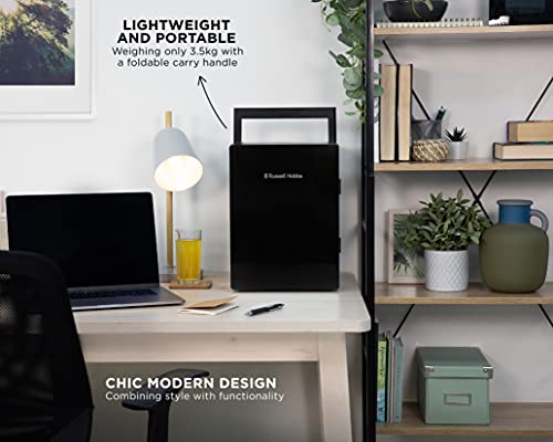 Russell Hobbs Black Mini Fridge RH8CLR8001B 8 Litre/10 Can Portable Cooler & Warmer for Drinks, Cosmetics/Makeup/Skincare, AC/DC Power, Retro Style, Black, For Bedroom, Home, Caravan, Car (Black)
