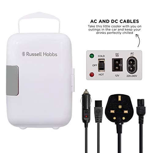 Russell Hobbs Mini Fridge RH4CLR1001 4L/6 Can Portable Mini Cooler & Warmer for Drinks, Cosmetics/Makeup/Skincare, AC/DC Power, Retro Style, White, For Bedroom, Home, Caravan, Car