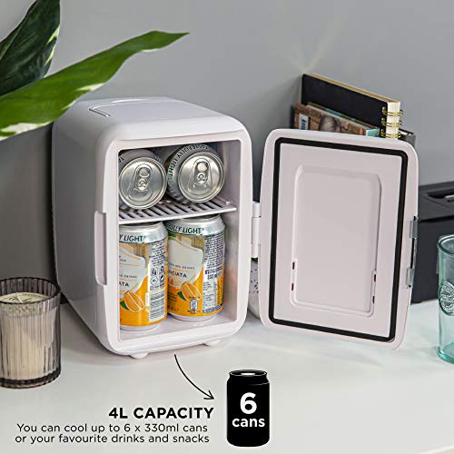 Russell Hobbs Mini Fridge RH4CLR1001 4L/6 Can Portable Mini Cooler & Warmer for Drinks, Cosmetics/Makeup/Skincare, AC/DC Power, Retro Style, White, For Bedroom, Home, Caravan, Car