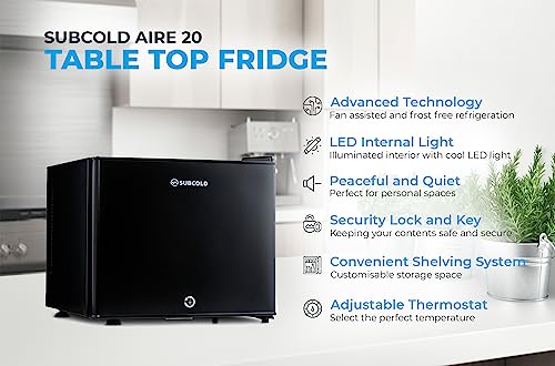Subcold Aire20 LED Mini Fridge | 20L Small Table Top Model | Quiet Frost Free Fridge for Bedrooms & Hotels | Lockable with Solid door & interior LED light (Black)