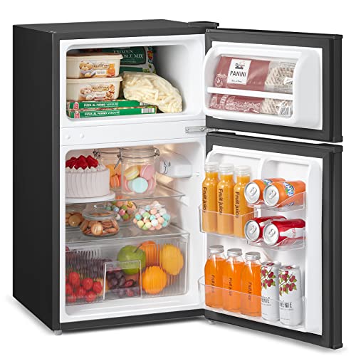 COMFEE' RCT87BL1(E) Under Counter Fridge Freezer, 87L Small Fridge Freezer with LED Light, Removable Shelves, Adjustable Thermostats and Legs, Black