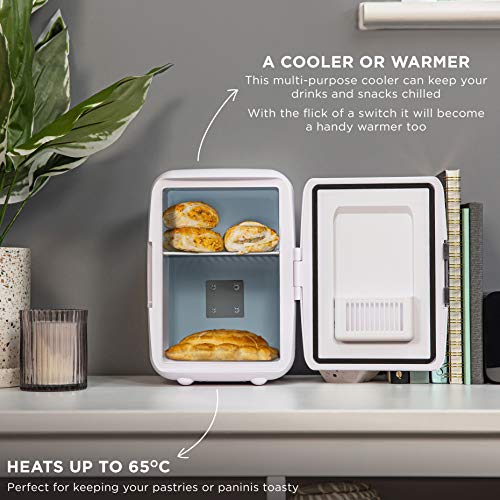 Russell Hobbs Mini Fridge RH4CLR1001 4L/6 Can Portable Mini Cooler & Warmer for Drinks, Cosmetics/Makeup/Skincare, AC/DC Power, Retro Style, White, For Bedroom, Home, Caravan, Car