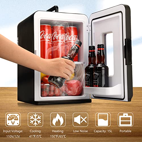 Mini Fridge 15 Liter/21 Cans, Small Drink Fridge Portable for Bedroom or Car (AC/DC), Thermoelectric Refrigerator for Skincare Beauty, Cooler & Warmer with ECO Quiet Mode