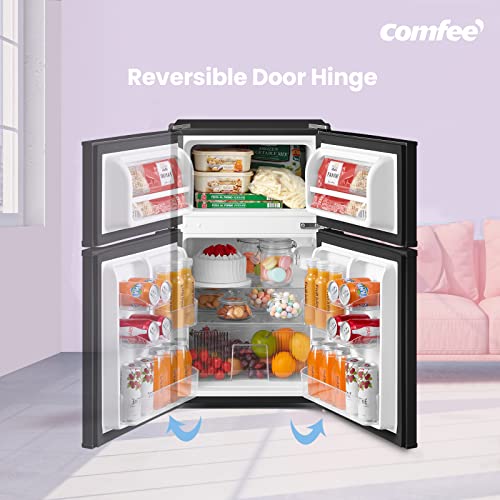 COMFEE' RCT87BL1(E) Under Counter Fridge Freezer, 87L Small Fridge Freezer with LED Light, Removable Shelves, Adjustable Thermostats and Legs, Black