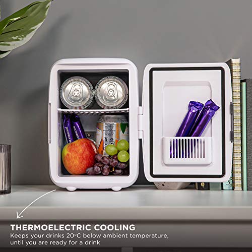 Russell Hobbs Mini Fridge RH4CLR1001 4L/6 Can Portable Mini Cooler & Warmer for Drinks, Cosmetics/Makeup/Skincare, AC/DC Power, Retro Style, White, For Bedroom, Home, Caravan, Car