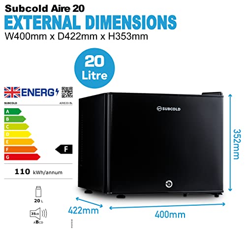 Subcold Aire20 LED Mini Fridge | 20L Small Table Top Model | Quiet Frost Free Fridge for Bedrooms & Hotels | Lockable with Solid door & interior LED light (Black)