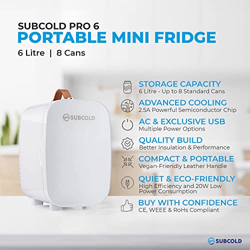 Subcold Pro6 Luxury Mini Fridge Cooler | 6 Litre / 8 Cans | AC and Exclusive USB Power Option | Portable Small Fridge for the Office, Bedroom, Car, Travel, Skincare & Cosmetics (White)