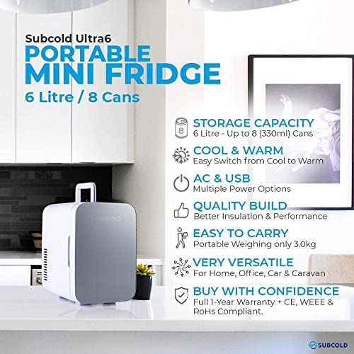 Subcold Ultra 6 Mini Fridge Cooler & Warmer | 6L capacity | Compact, Portable and Quiet | AC+USB Power Compatibility (Grey)