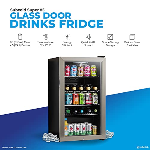 Subcold Super85 LED - Under-Counter Fridge | 85L Beer, Wine & Drinks Fridge | LED Light + Lock and Key | Energy Efficient (Stainless Steel, 85L)