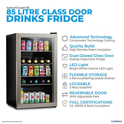 Subcold Super85 LED - Under-Counter Fridge | 85L Beer, Wine & Drinks Fridge | LED Light + Lock and Key | Energy Efficient (Stainless Steel, 85L)
