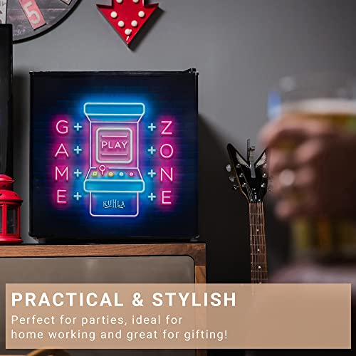 KUHLA 45L Mini Fridge with Ice Box, Novelty Design, Inc Adjustable Thermostat, Door Racks and Removable Shelf, Small Drinks Fridge Ideal for Home and Office – Game Zone, Black KTTF4BGB-1019-E