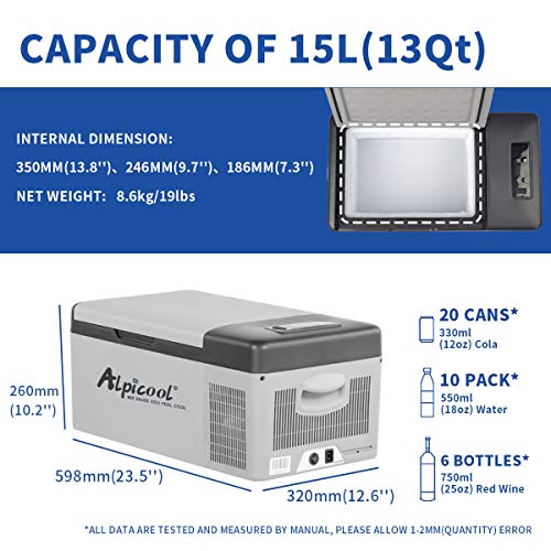 Alpicool C15 Car Fridge 12v 15L Car Mini Fridge Car Refrigerator Portable Quiet Camping Fridge Freezer Vehicle Truck RV Boat Electric Cool Box for Driving Travel Outdoor Picnic