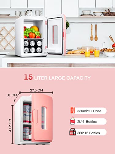 NORTHCLAN Mini Fridge for Bedrooms 15L, Small Skincare Fridge with ECO Quite Mode for Low Noise, AC/DC Powered for Skin Care, Food and Drinks, Office or Car, Pink