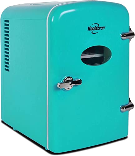 Koolatron Retro 4L 6 Can Portable Mini Fridge Compact Refrigerator for Bedroom Skincare Cosmetic Beauty Personal Cooler 12V and AC Cords, Desktop Accessory for Home Office Car Dorm Travel (Aqua)