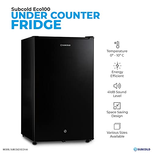 Subcold Eco100 LED Under-Counter Black Fridge | Freestanding Refrigerator | Solid Door with Chiller Box | LED Light + Lock & Key | Energy Efficient (100L, Black)