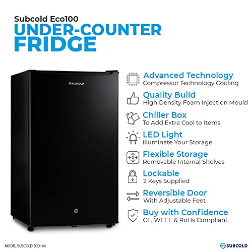 Subcold Eco100 LED Under-Counter Black Fridge | Freestanding Refrigerator | Solid Door with Chiller Box | LED Light + Lock & Key | Energy Efficient (100L, Black)