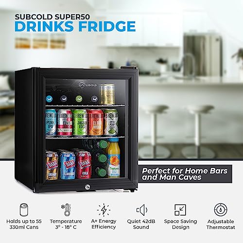 Subcold Super50 LED – Mini Fridge Black | 50L Beer, Wine & Drinks Fridge | LED Light + Lock & Key | Energy Efficient (Black)