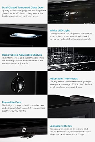 Subcold Super50 LED – Mini Fridge Black | 50L Beer, Wine & Drinks Fridge | LED Light + Lock & Key | Energy Efficient (Black)