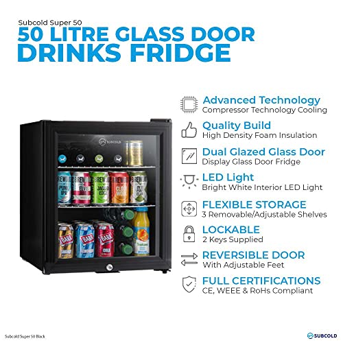 Subcold Super50 LED – Mini Fridge Black | 50L Beer, Wine & Drinks Fridge | LED Light + Lock & Key | Energy Efficient (Black)