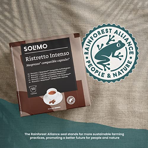 Amazon Brand - Solimo Ristretto Intenso Nespresso Compatible Coffee Capsules, Dark Roast, 100 Count (2 Packs of 50), Rainforest Alliance Certified