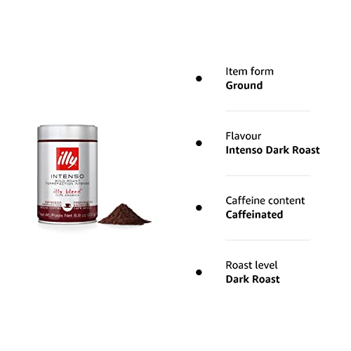 illy Coffee, Intenso Ground Coffee, Dark Roast, Made From 100% Arabica Coffee Beans, 250g