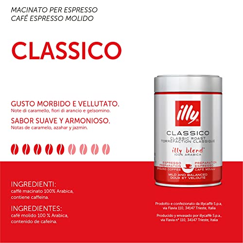illy Coffee, Classico Ground Coffee, Medium Roast, Made From 100% Arabica Coffee Beans, 250g