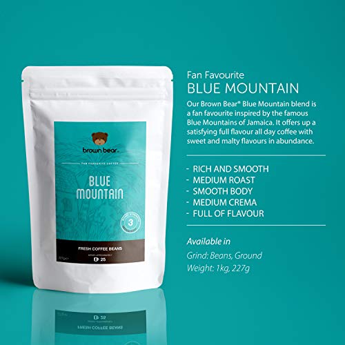 Blue Mountain Blend Medium Roast Coffee Beans 1kg - Brown Bear Coffee - for All Coffee Machines - Strength 3 - Donation to Free The Bears