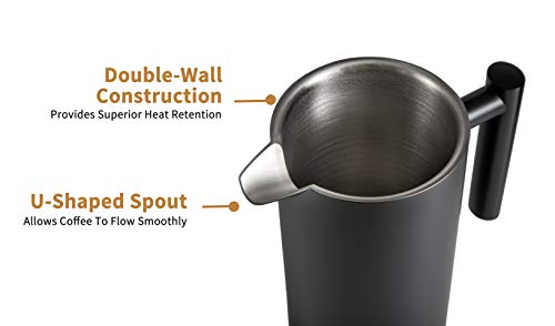 MeelioCafe French Press Coffee Maker,Double Wall 18/8 Stainless Steel Heat Resistant Tea or Cafetiere Kettle, (1 Liter,34OZ), Gift Set with Coffee Measuring Spoon & Two Filter Screens, Black