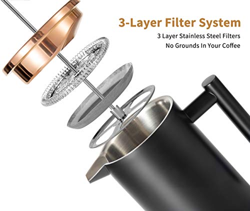 MeelioCafe French Press Coffee Maker,Double Wall 18/8 Stainless Steel Heat Resistant Tea or Cafetiere Kettle, (1 Liter,34OZ), Gift Set with Coffee Measuring Spoon & Two Filter Screens, Black