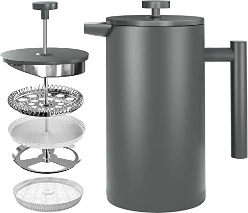 KICHLY - Stainless Steel French Press Coffee Maker 34oz (1.0 Litre) with 3 Level Filtration System - Double Walled Insulated Cafetière with 1 Extra Filter (Grey)