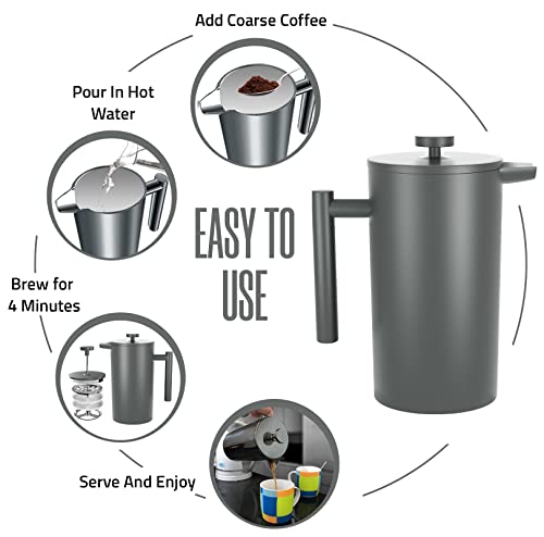 KICHLY - Stainless Steel French Press Coffee Maker 34oz (1.0 Litre) with 3 Level Filtration System - Double Walled Insulated Cafetière with 1 Extra Filter (Grey)