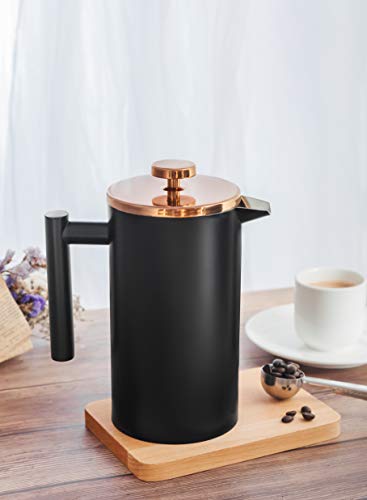 MeelioCafe French Press Coffee Maker,Double Wall 18/8 Stainless Steel Heat Resistant Tea or Cafetiere Kettle, (1 Liter,34OZ), Gift Set with Coffee Measuring Spoon & Two Filter Screens, Black