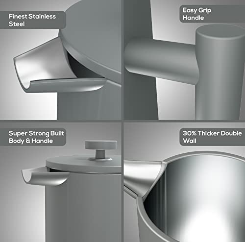 KICHLY - Stainless Steel French Press Coffee Maker 34oz (1.0 Litre) with 3 Level Filtration System - Double Walled Insulated Cafetière with 1 Extra Filter (Grey)