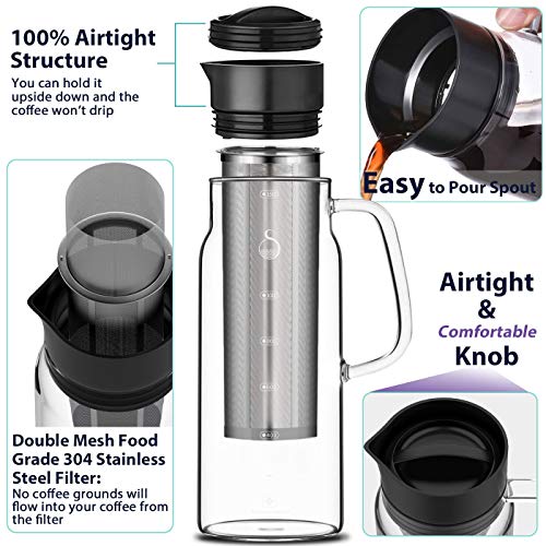 SAMBANGAN Cold Brew Coffee Maker Iced Coffee Maker Cold Brew Coffee Maker Brewer Ice Glass Stainless Steel Filter Double Mesh Cold Brew Coffee Maker (1500ml)