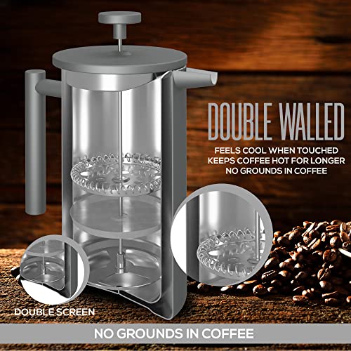 KICHLY - Stainless Steel French Press Coffee Maker 34oz (1.0 Litre) with 3 Level Filtration System - Double Walled Insulated Cafetière with 1 Extra Filter (Grey)